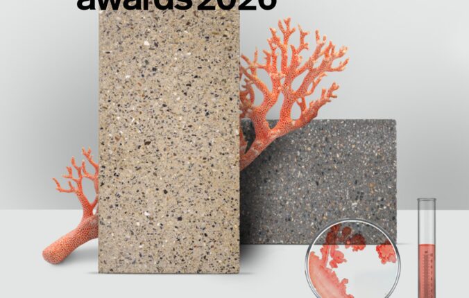 Mimmik Tile biocement floor tiles in Ginger and Pepper by FRONT and Biomason with coral, with the Dezeen Awards 2026 shortlisted logo